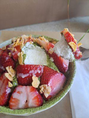 Matcha Bingsu + Strawberries. Softer than snow