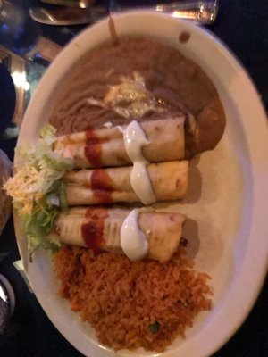 Chimichongas with rice and refried beans