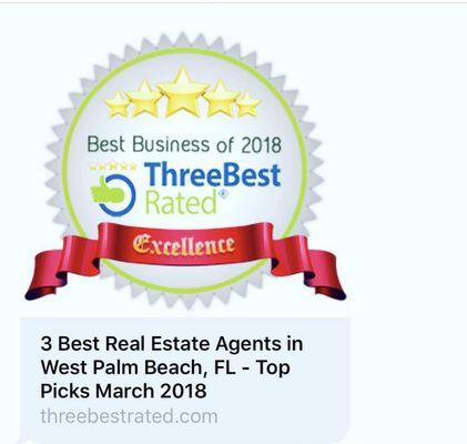 Proud to have been one of the three top rated agents in West Palm Beach, FL.