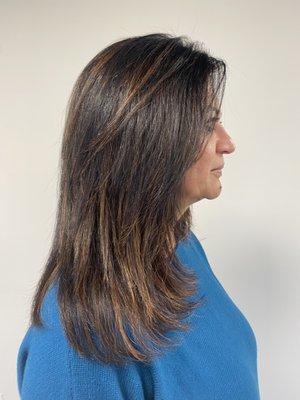 Keratin treatment along with highlights toned to a caramel