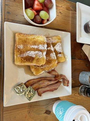 French toast with bacon and side of fresh fruit