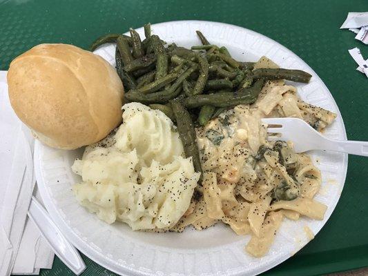 Vegetable pasta, mashed potatoes, green beans, & roll.