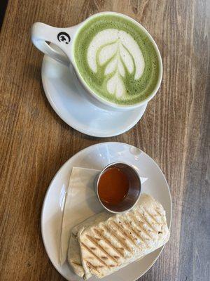 Vanilla Matcha latte and breakfast burrito