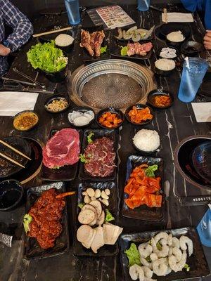 Spicy bulgogi, ribeye, short rib, garlic shrimp, spicy calamari, pork belly, king prawn