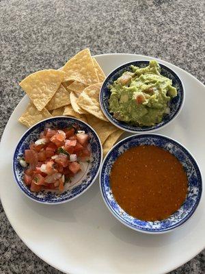 Pico de gallo, guacamole and salsa rojo from the market.