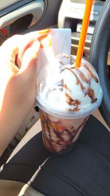 Frozen hot chocolate and glaze chocolate donut