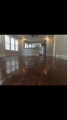 Polishing of floors with furniture out of the way for optimal guest experience