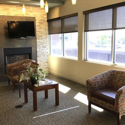 Lobby seating is 6ft apart to allow for social distancing.