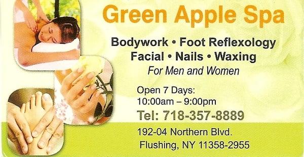 Massage, facial, nails, wax, reflexology, green apple spa