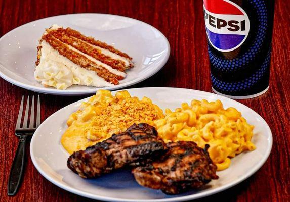 Grilled Chicken, Classic Mac N Cheese, real Utah Funeral Potatoes, and decadent Carrot Cake