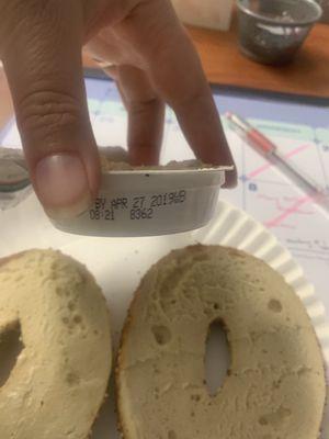 My half used/ expired cream cheese. Today's date is 5/10/19.