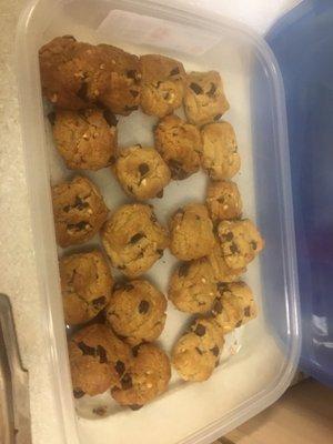 I baked peanut butter chocolate chip cookies for desert. They must eat all of their food to get desert.