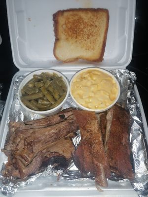 Brisket, Ribs, Green beans and Mac with complimentary Texas toast