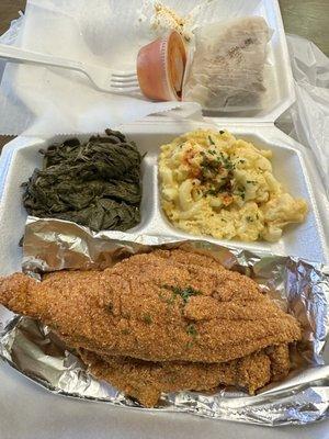 Fried catfish Mac-n-cheese Turnip Greens