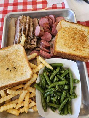 2 meat plate with green beans and fries. Sausage and brisket were superb.