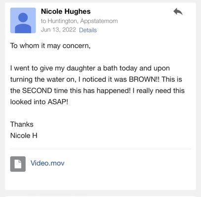 First email regarding the rusty water (note the date on this email & date on the pics of the water heater / tub)