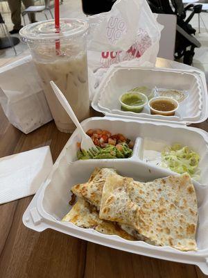 Carnitas quesadillas plate, plus XL horchata