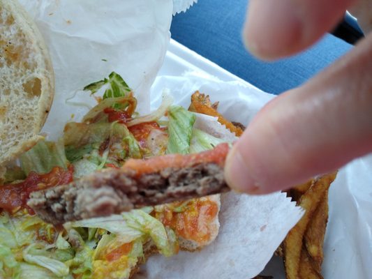 Burger patty from the Parkesburger - very thin, not juicy, needs seasoning