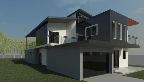 Contemporary 3D rendering - side view from garage area