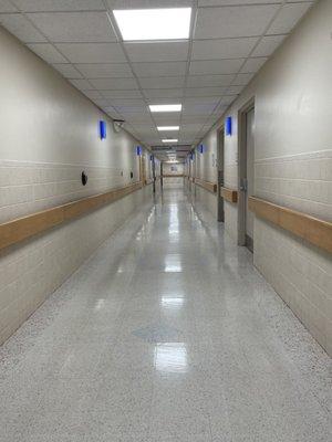 The corridor seems to go on forever.  The blue lights on the wall indicate the section