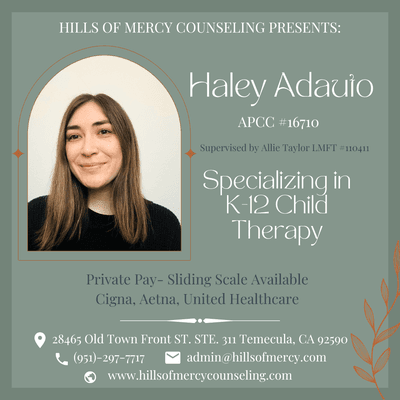 Christian Counselor Haley A. specializes in K-12 child/teen therapy & college age. She's here to provide a safe environment for our youth!