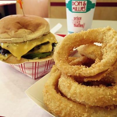 Double cheeseburger and onion rings