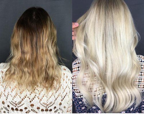 Before and After I-Tip Extensions Balayage Highlights