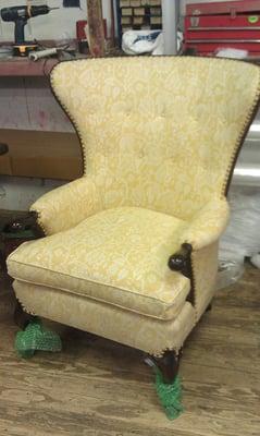 After fan back wing chair, reupholstered and refinished.