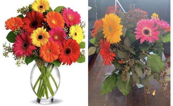 What my sister ordered vs. what I got on my birthday. Ordered deluxe $99 bouquet. Got 9 Gerber daisies. Supposed to be 20. Rip off!