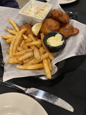 Heavily battered blue gills with truffle fries