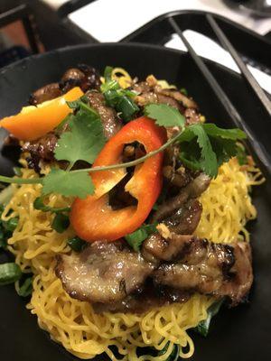 Grill marinated pork with egg noodles