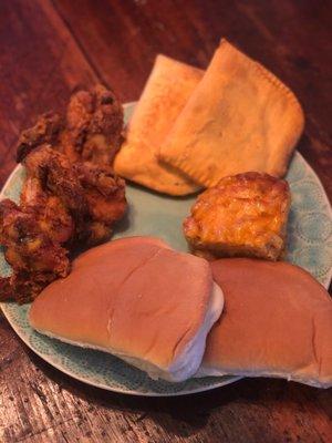 4 Fried chicken, 2 beef patties, Mac and cheese, 2 coco breads