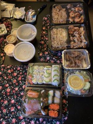 Steak and shrimp hibachi, chicken and shrimp hibachi, soft shell crab appetizer, soup, salad and sushi (don't mind the sardines for kitty)