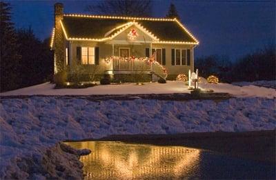 Commercial Holiday Lighting using all LED lights including C-9 roof line lights, mini lights, lit garland, and lit wreaths