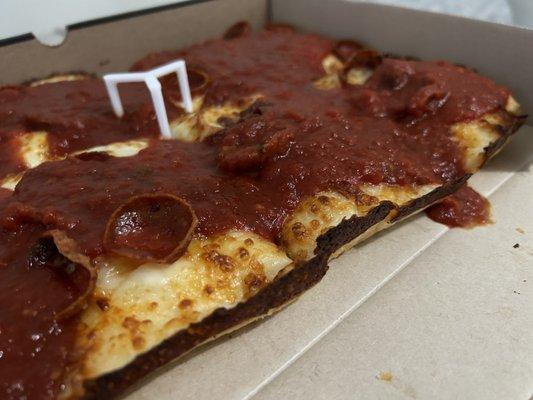 Close up of the Detroit-style pepperoni pizza