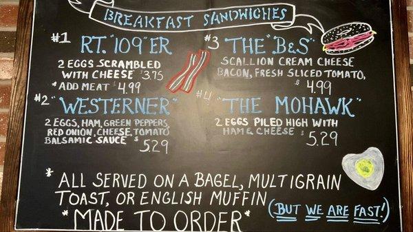 Breakfast sandwiches made hot and fresh on your choice of any of our bagels, wheat toast, or an English muffin.