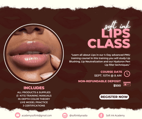 We are gearing up for our next group course at  Soft Ink Academy! Lip Blush, Lip Light and Lip Fillers, oh my! Register today!