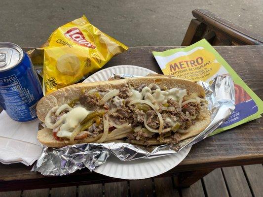 Philly cheese steak, chips & soda