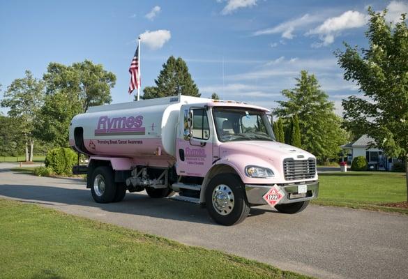 Our Pink-Ribbon oil delivery truck, designed to help raise awareness of breast cancer.