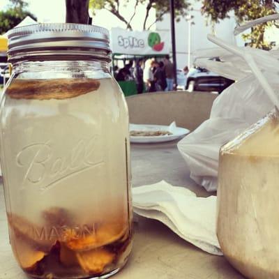 Their regular lemonade with some dried peach (I have added in) in a mason jar...Spiked Juices