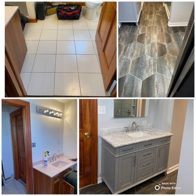 Bathroom updates; done!  
New vanity & tile flooring replaced by yours truly.