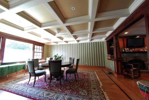 Detail custom coffered ceiling in Living Room remodel. Darien, CT.