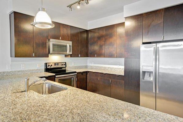 Kitchens Featuring Stainless Steel Appliances, Granite Countertops, Espresso Cabinetry, and LED Track Lighting