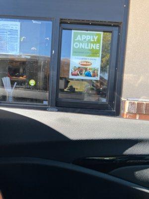 Drive thru window that hasn't opened in over 15 minutes as we wait for our food.