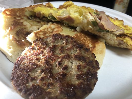 Banana Cake, Sausage Patty, and Western Omelette (ordered separately!!!)