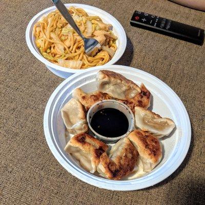 Chicken lo mein and pan fried pork dumplings