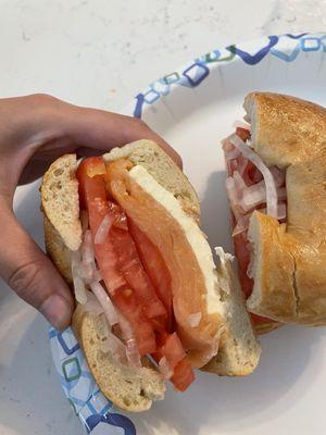 Nova Lox with Cream Cheese, Tomato, and Onion on A Bagel Sandwich