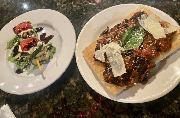 Grilled Zucchini with Burrata Cheese and grilled grape tomatoes and Flatbread Caponata