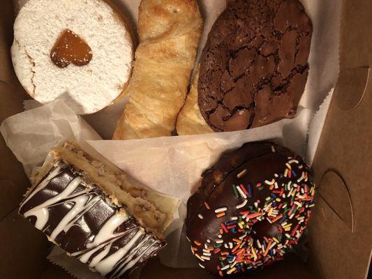 Top left Apricot Linzer, Quesitas, Brownie Cookie, bottom left Napoleon(chocolate), Chocolate Iced Donut.