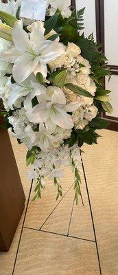 Timeless Tribute Standing Spray arrangement.